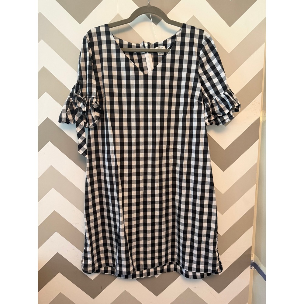 J.Crew Black & White Gingham Tie-Sleeve Ruffle Shift Dress - Excellent Condition - Picture 7 of 8